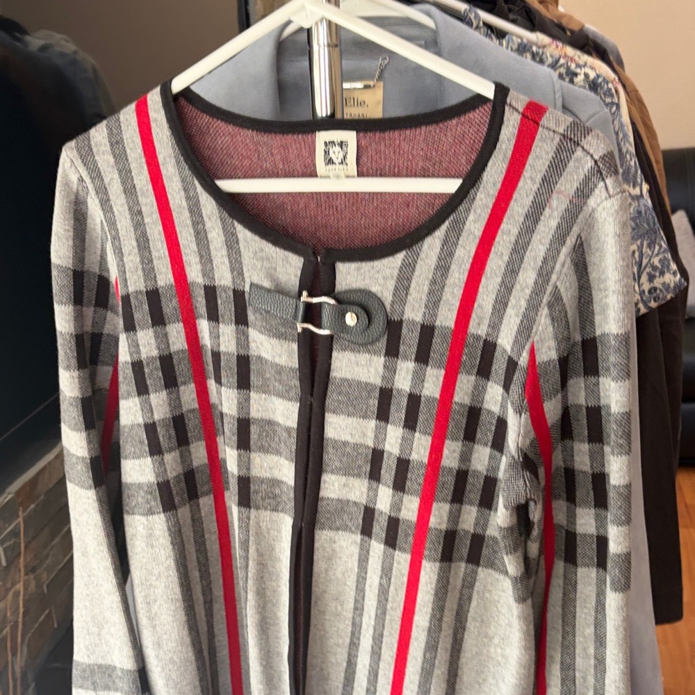 Grey Plaid Cardigan with Red Stripes Ann Klein